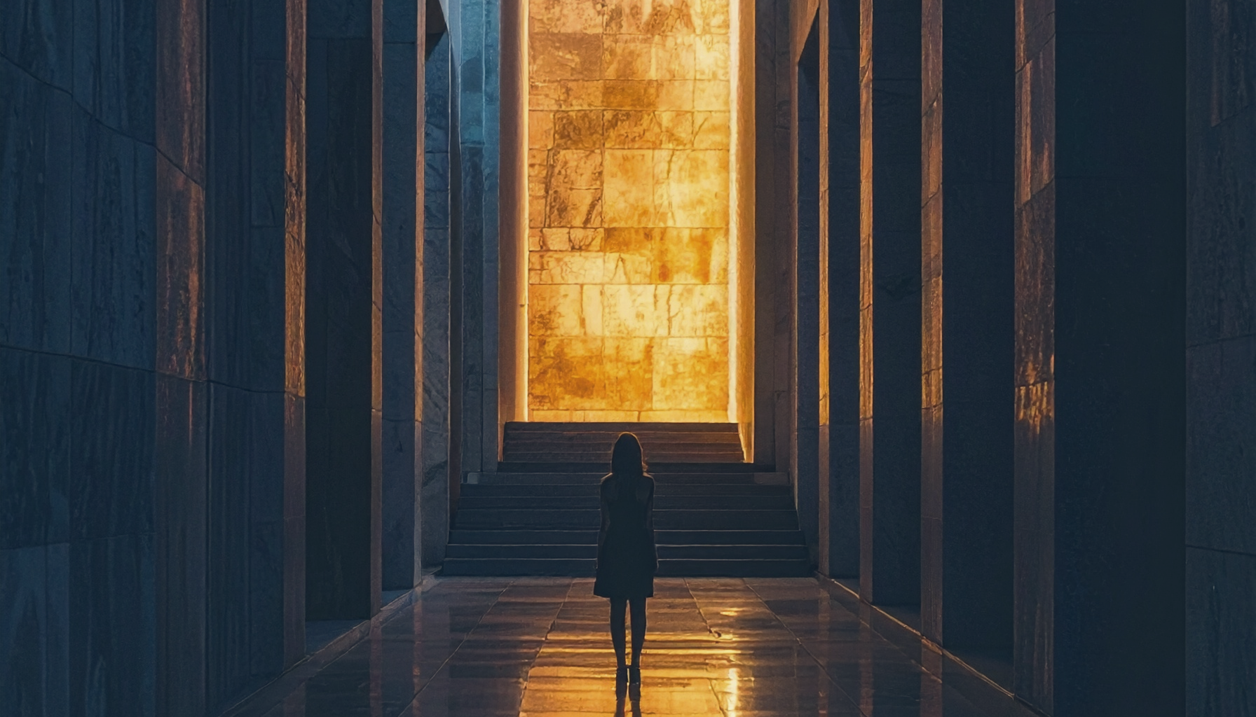 A woman standing before a lit doorway at the end of a stone corridor